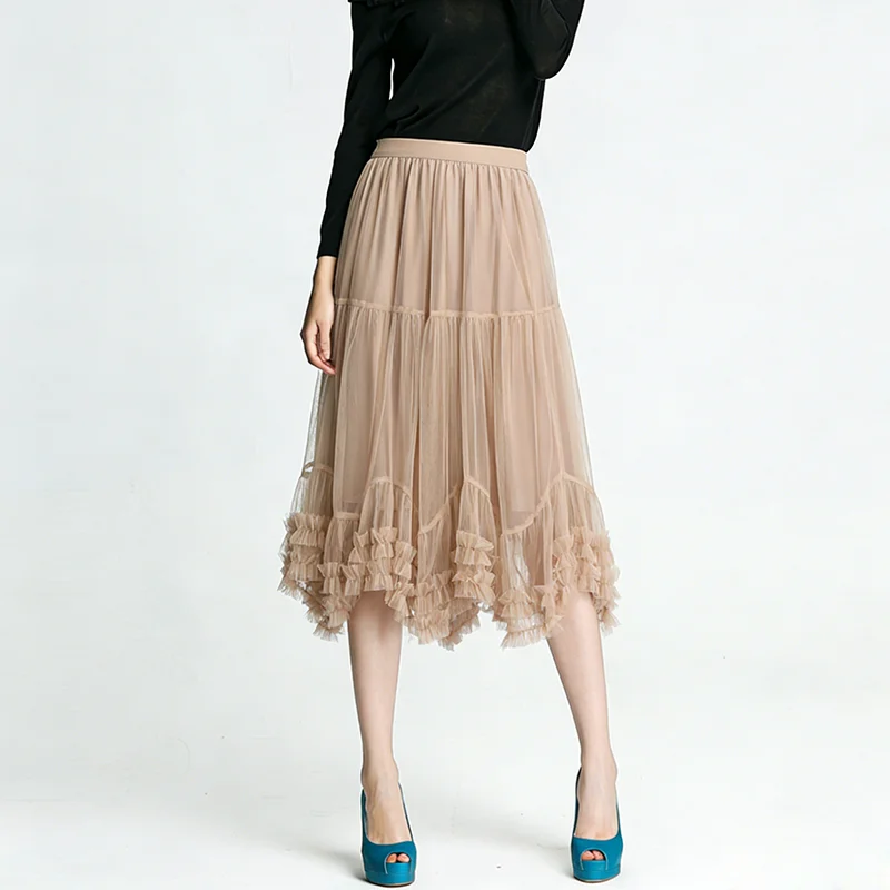 

New Multi Layer Mesh Mid Waist Elastic Loose A-line Skirts For Women PY26016