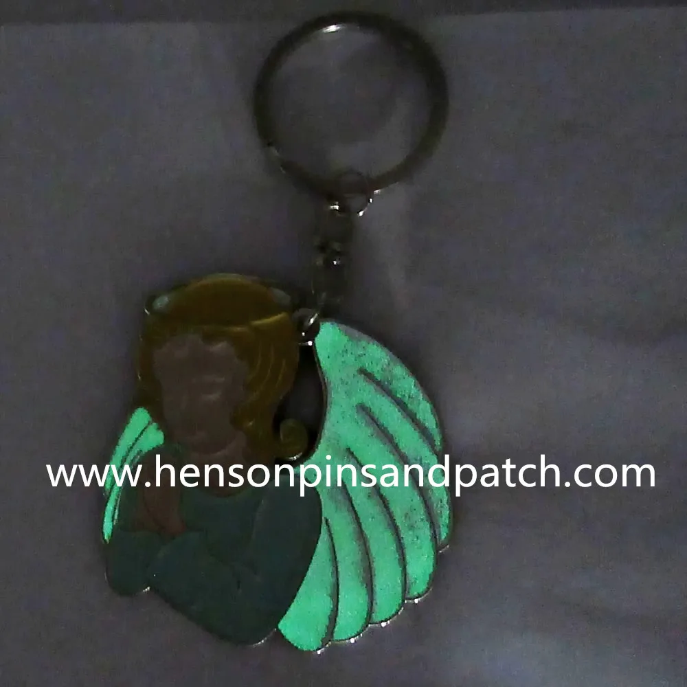 Custom dye black soft enamel glow in dark enamel angel keyring