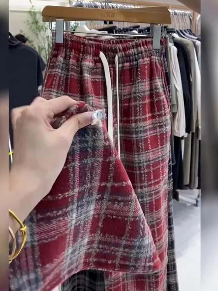 Red Retro Checkered Pants For Women Autumn Winter High Waisted Thick Wide Leg Pants Street Trendy Straight Leg Mop Pants