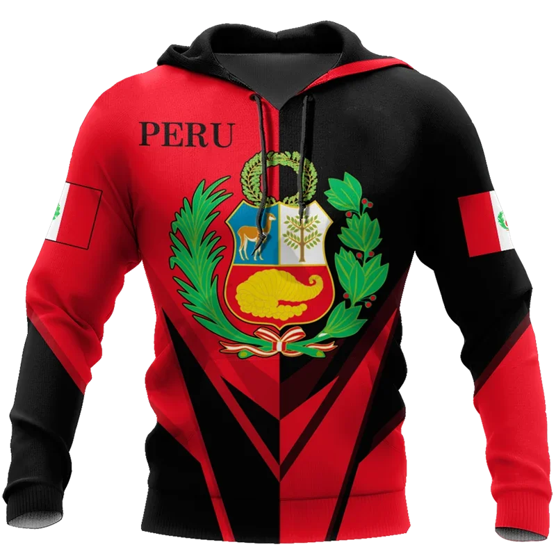 Peru National Emblem Hoodie For Men Clothing 3D Spain Mexico Brasil Flag Printing Hoodies Casual Harajuku Fashion y2k Pullovers