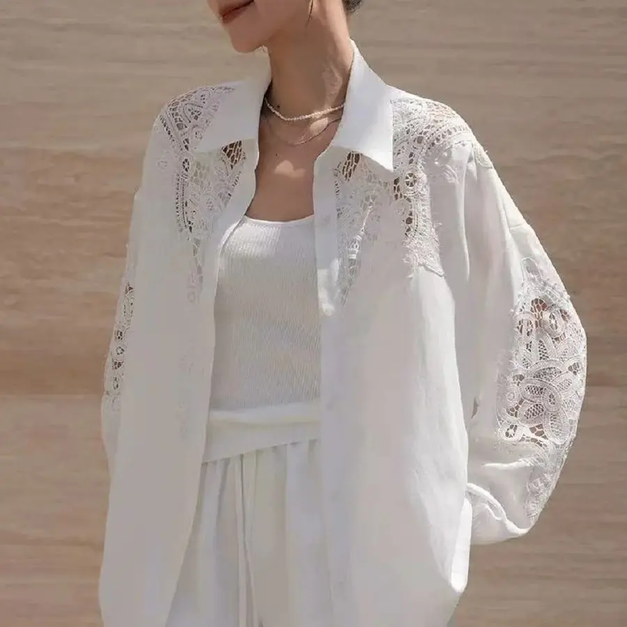 

Luxury Brand Sparkle Sequins Hollow Out Lace Embroidery Cotton Blouses Shirts for Women 2025 Long Sleeve White Loose Casual Top