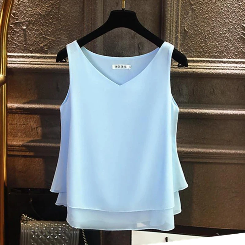 2024 Fashion Brand Women\'s Blouse Tops Summer Sleeveless Chiffon Shirt Solid V-neck Casual Blouse Plus Size 5XL Loose Female Top