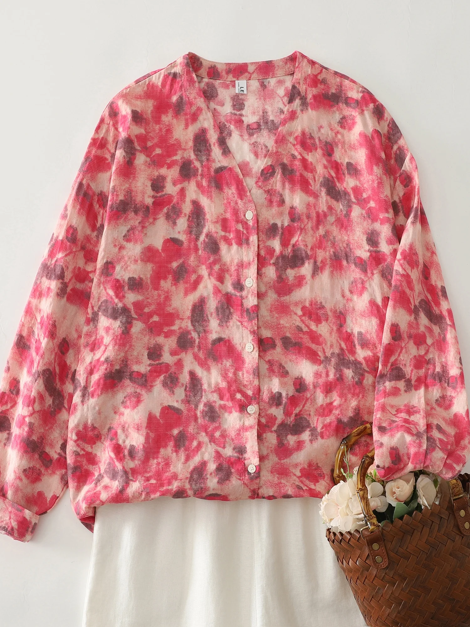 

Artistic Sle Floral Print Cotton Linen Casual Long Sve V-Ne Large Size irt Anti-Aging Spring Autumn New Arrival