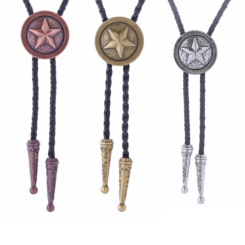 Vintage Bolo Tie Shirt Chain Metal Pentagrams Pendant Collar Leathers Necklace Drop Shipping