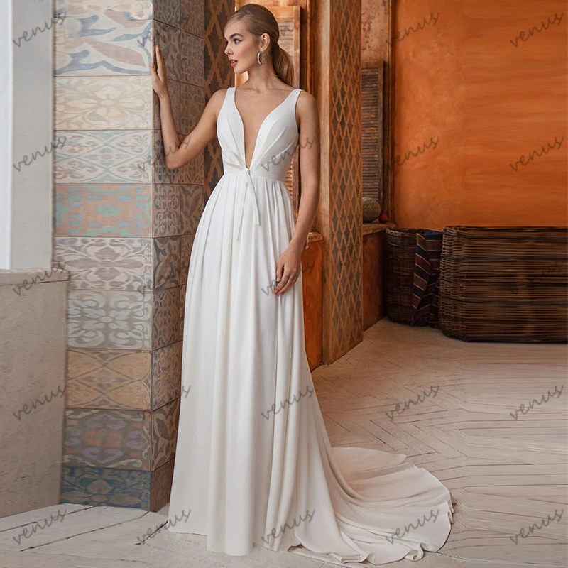 Simple Wedding Dresses For Women 2024 A-Line Satin Bridal Gowns Sexy Deep V-Neck Backless Sleeveless Robes Vestidos De Novia