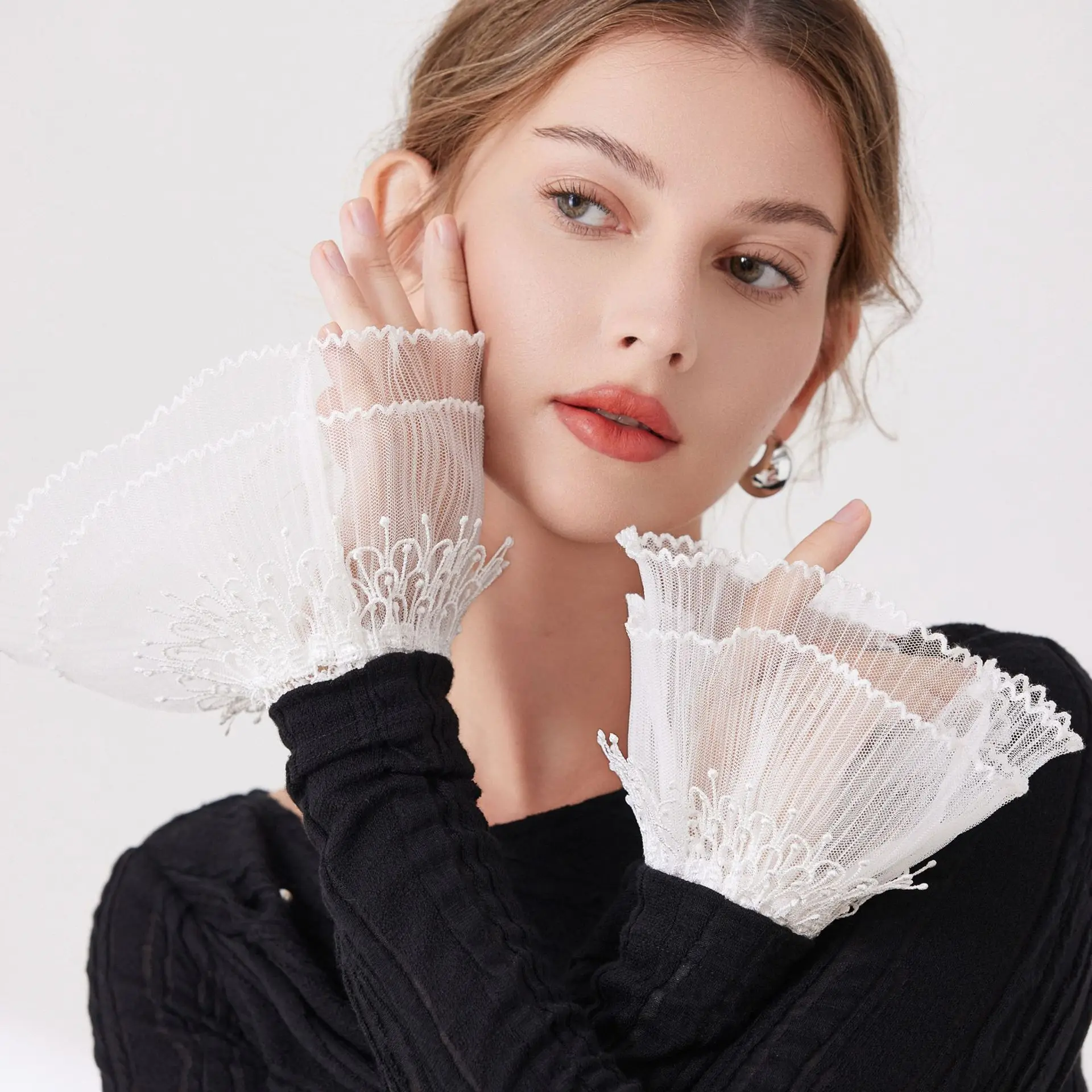 Pleated Ruched False Cuffs Versatile Fake Flared Sleeves Detachable Sleeves Stylish Sweater Blouse Wrist Warmers For Women'S