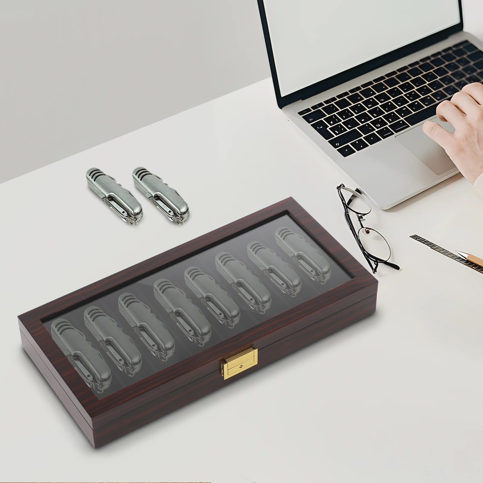 علبة عرض السكاكين، صندوق تخزين السكاكين، علبة عرض السكاكين، صندوق جمع منظم، زجاج معدني، فلنلت، لون الجوز/أسود