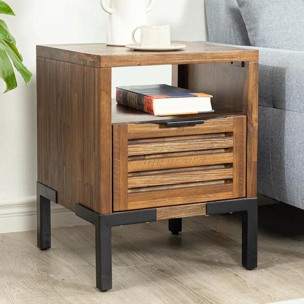 Nightstand with Drawers & Open Shelf, Pre-Assembled Industrial Modern Living Room, Bedroom, Millie Rustic Side Table