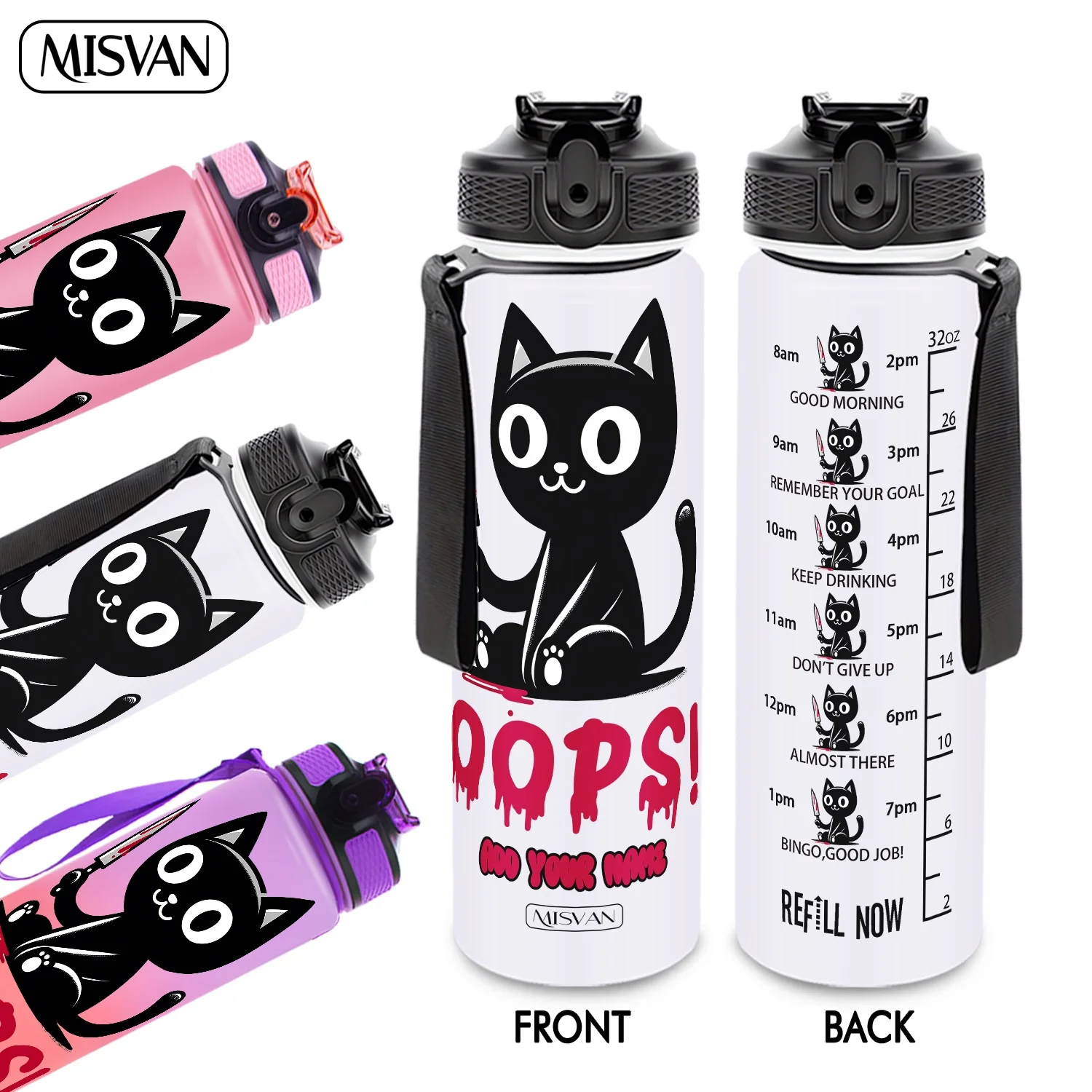 

1PC, Black Cat With Knife Fun Design ,32oz Gradient Water Bottle-Leak-Proof,HD Non-Peeling Pattern,Perfect for Sports,Fitness,Ou