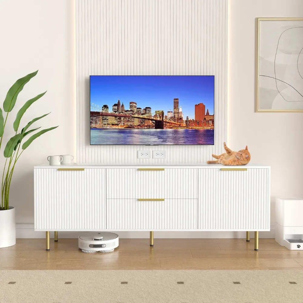 White TV Stand, Modern Entertainment Center with Storage, 2 Drawers, Waveform Panel Wood TV Console Table Media Cabinet