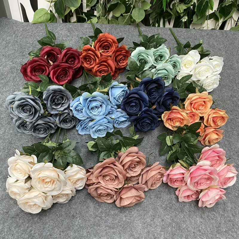 7heads Rose Bundle Artificial Fake Silk Flower Dusty Pink Black White Wedding Decoration Christmas Party Display Gift Fall Color