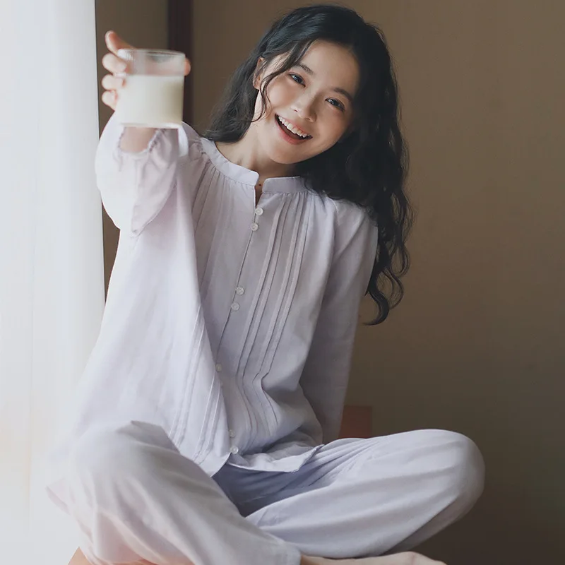 

Комплект домашней одежды из чистого хлопкового муслина с длинными рукавами для женщин: дышащий, охлаждающий, больших размеров, для весны и осени