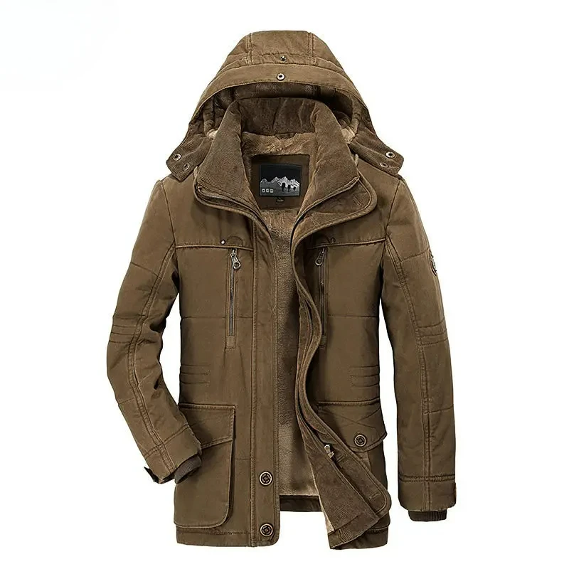 Cargo Jacket 2024 Men's Outdoor Long Jacket Velvet Thick Warm Coat Waterproof Fleece Hooded Winter Jacket Mens Windbreaker Parka