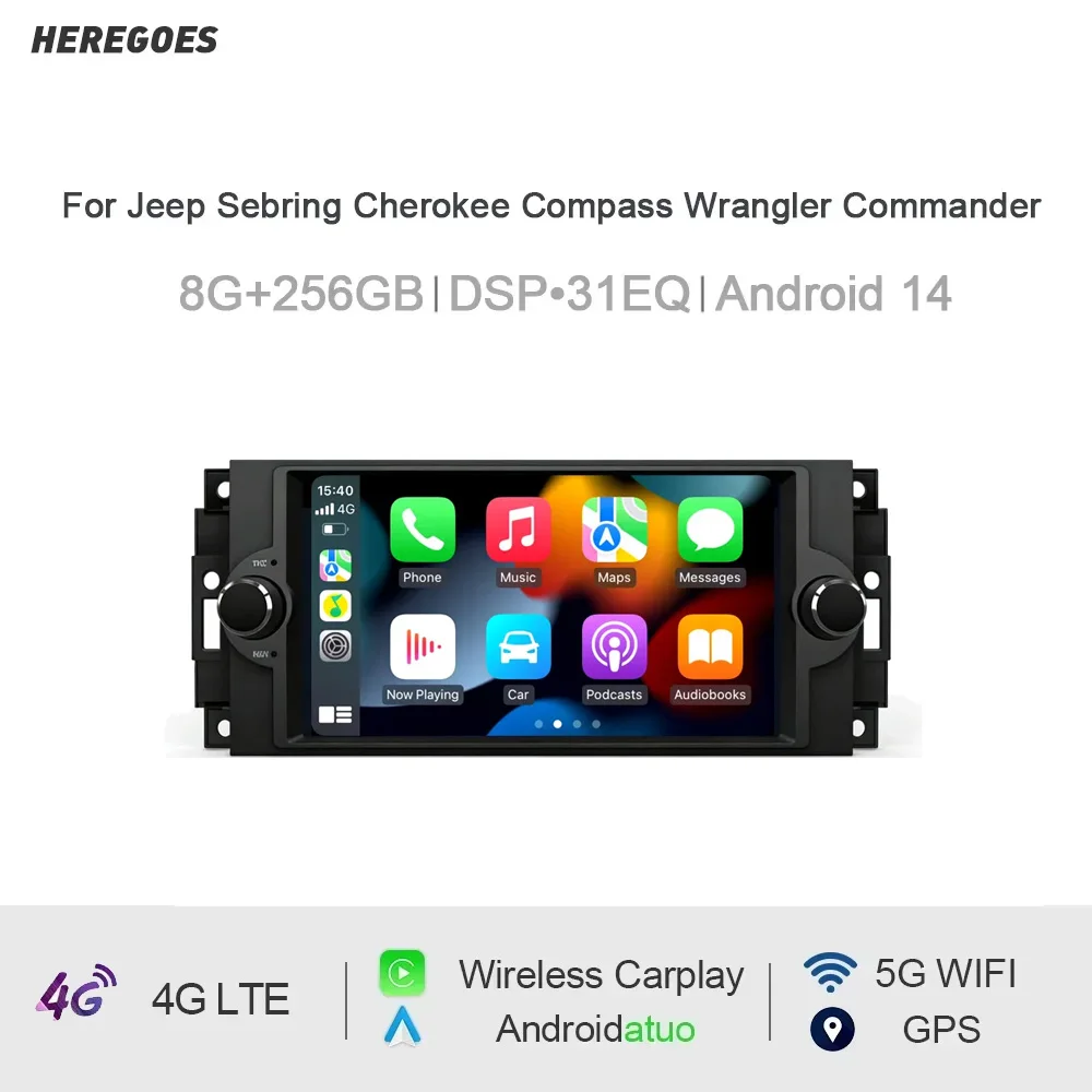 Reproductor de coche CarPlay de 7 pulgadas con DSP, Android 15, 12 GB de RAM, 256 GB de ROM, GPS multimedia para Jeep Sebring, Cherokee, Compass, Wrangler, Commander