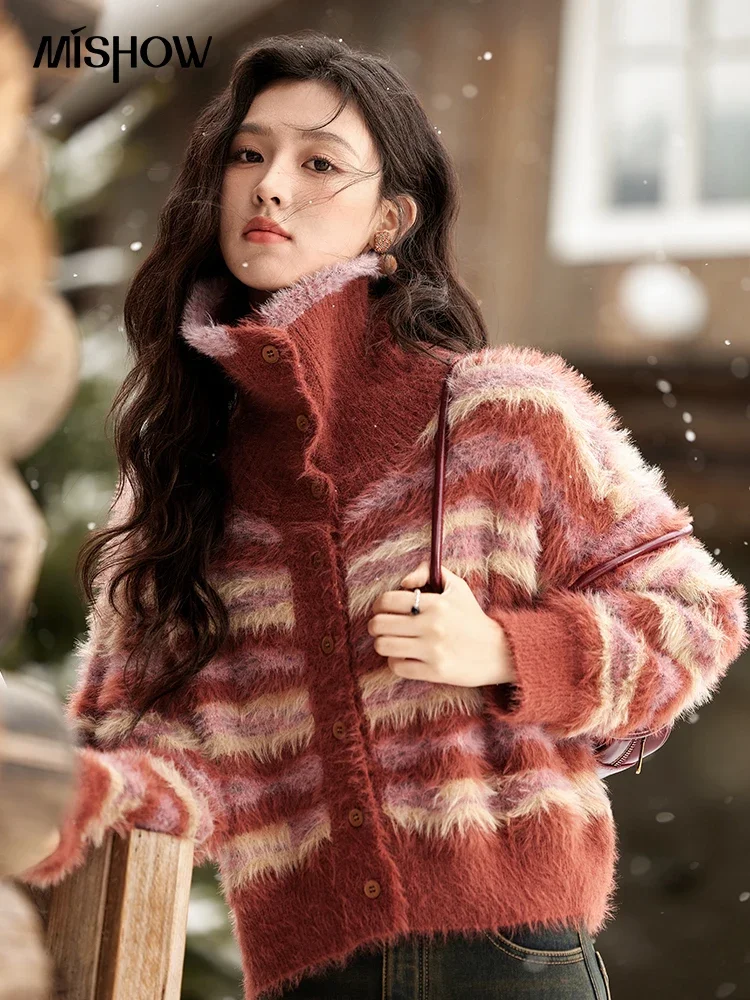 MISHOW Red Striped Sweater Faux Mink Fur Stand Collar Knitted Cardigan Contrast Color Vintage Thickened Warm Tops MXD59Z1005
