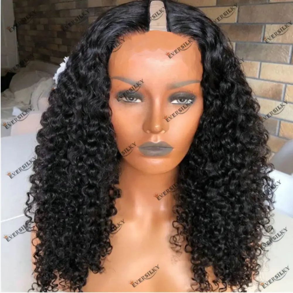 

Kinky Curly 180 Density Natural Black U Shape Wig/V Part Wig Remy Brazilian Human Hair For Women With Baby Hair Soft Glueless