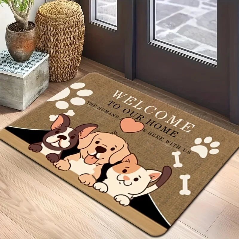 Newest Welcome To Our Home Dog Cat Paw Bone Print Coir Look Doormat Non Slip Indoor Entryway Floor Rug