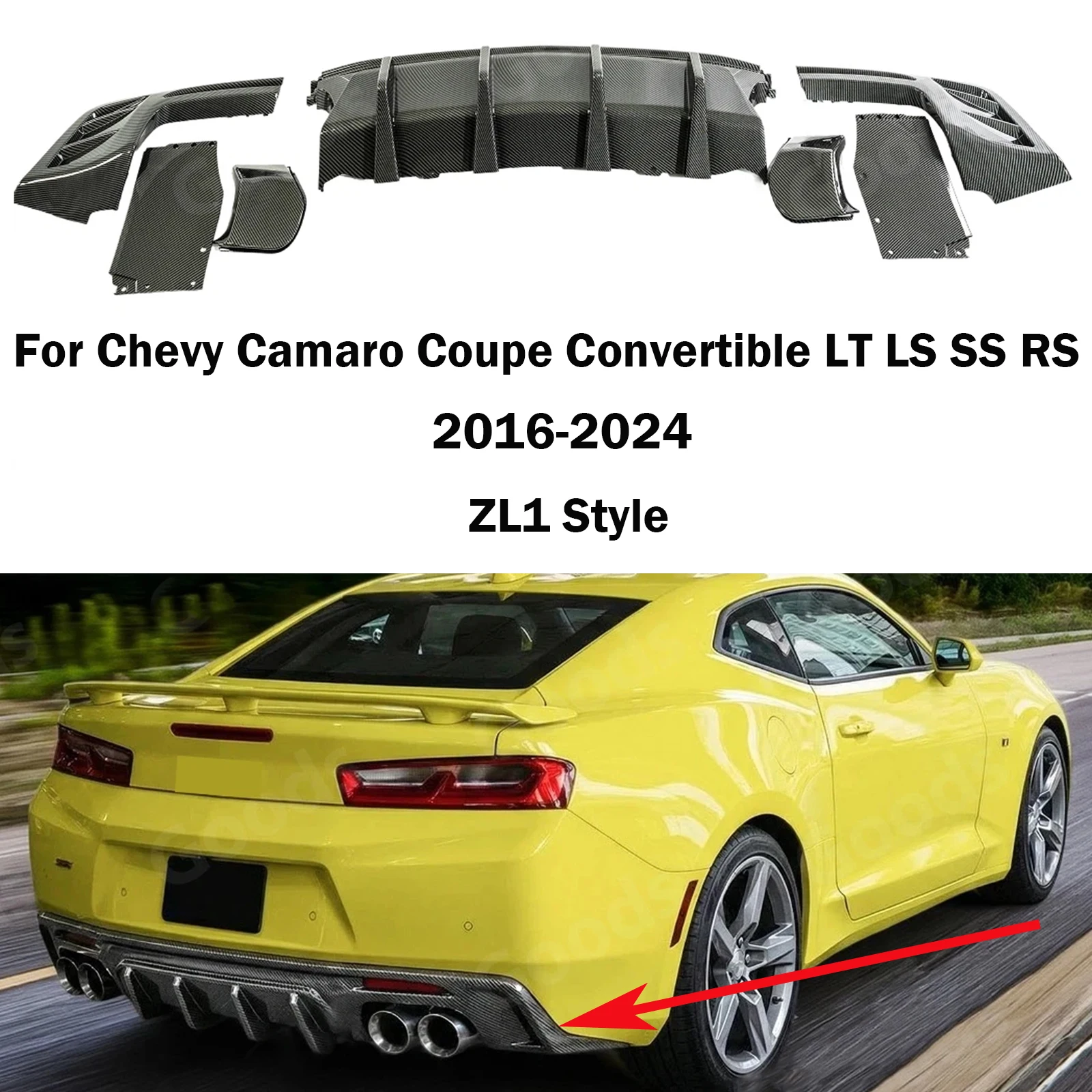 Alerón divisor de parachoques delantero para Chevy Camaro Coupé Convertible LT LS SS RS 2016-2024 estilo ZL1, negro brillante con apariencia de carbono