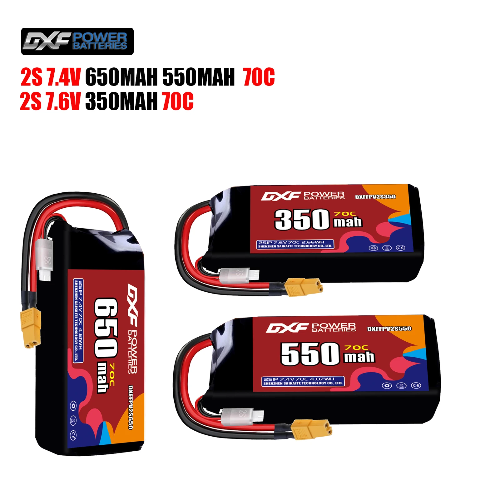 Batteria DXF Lipo 2S 7.4V 650mAh 550mAh 7.6V 350mAh 70C con spina XT30 XT60 JST per FPV Elicottero Aereo Quadcopter Drone