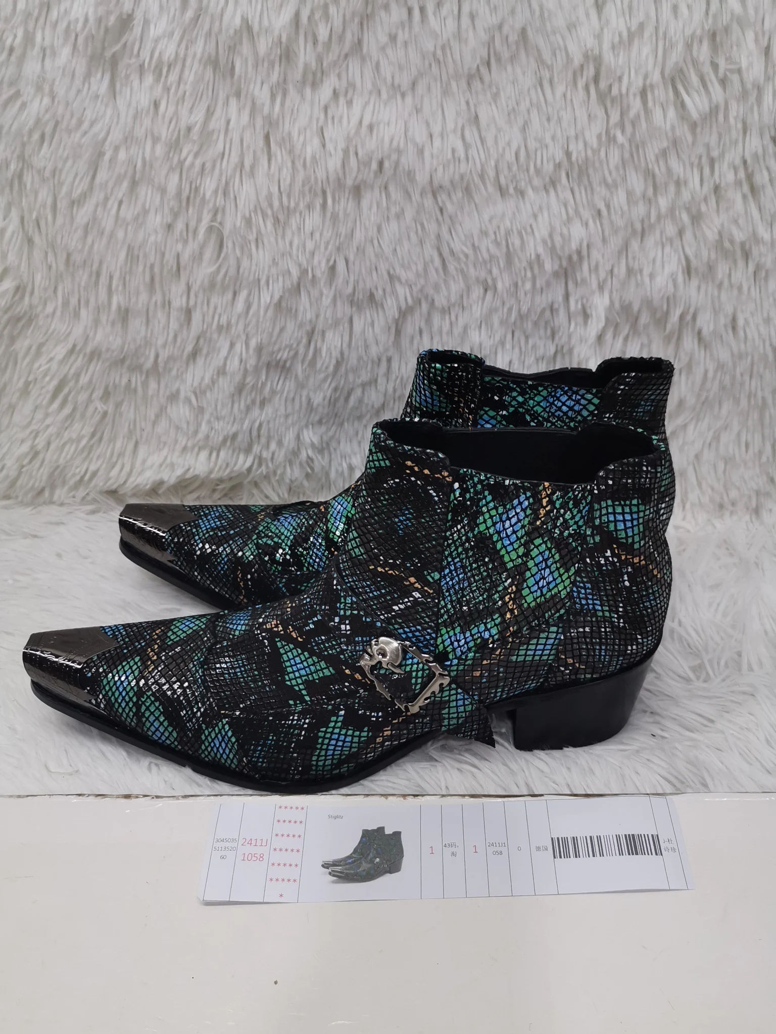 Belt Buckle Print Graffiti Ankle Boots Mixed Colors Slip On Men\'s Genuine Leather Chelsea Boots Metal Decor Man High Heels Shoes