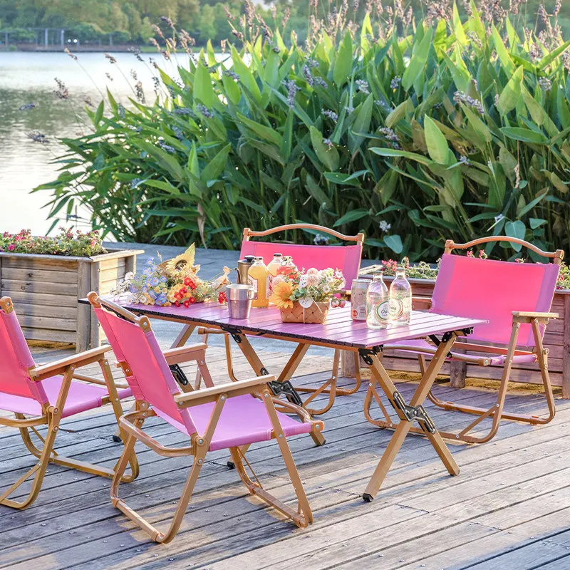 & Portable Folding Egg Roll Table & 4 Chairs Set Outdoor Camping Picnic Furniture for Patio Backyard Party