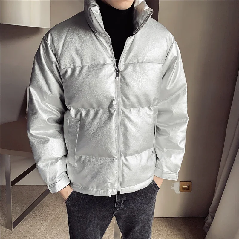 YASUGUOJI New Cotton-padded Men\'s PU Leather Jacket Casual Slim Bomber Jacket Men Warm Parka Mens Winter Puffy Jackets and Coats