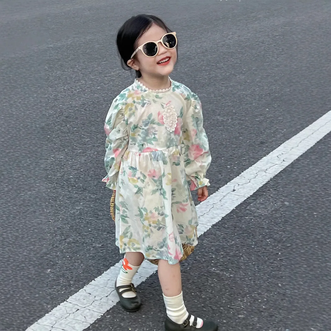 2025 Autumn and Spring Baby Girl New Style Lace Fashion and Comfortable Flower Picture Puff Sleeve Kids Princess Dress