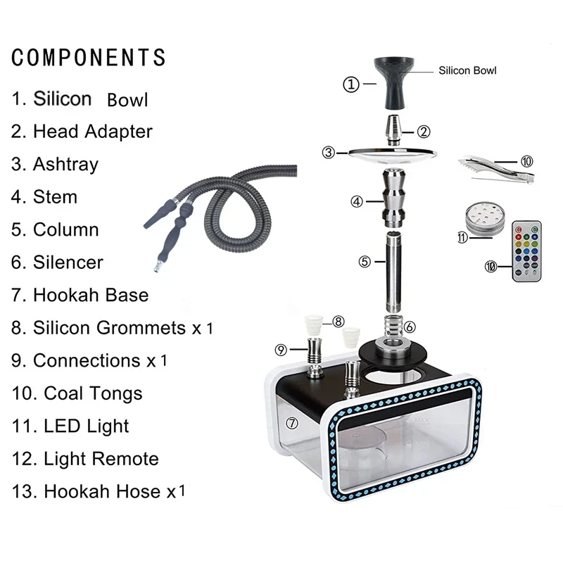 Hookah full set Hot Selling Acrylic Tank Hookah Kit Double Tube Hookah Pipe Household Hookah With LED Light For Two Smoking Set