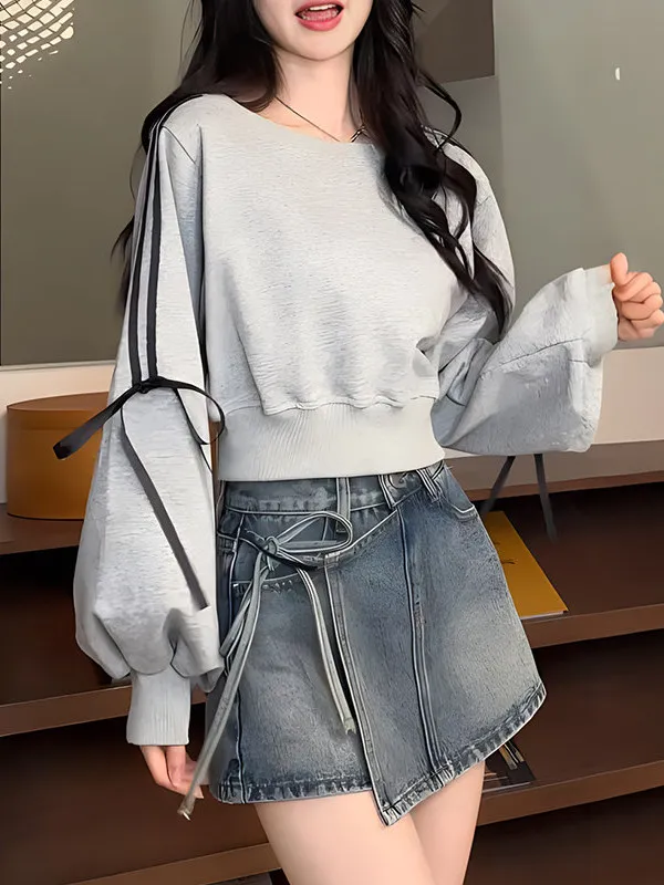 

Unique Beautiful Bowtie Sweatirt Women's Faion Autumn Winter New Sle Slimming Top Waist Cinched Long Sve round Ne