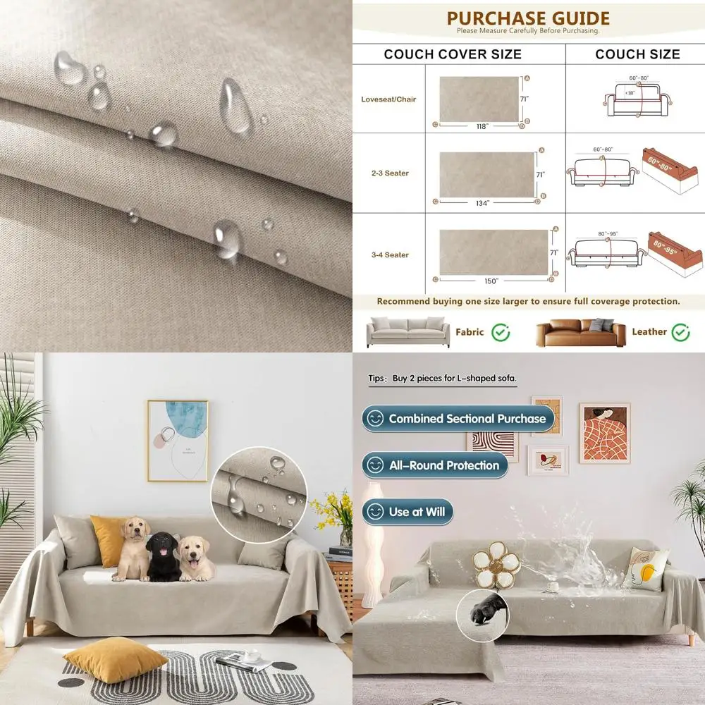 

Waterproof Sofa Cover for Dogs - Beige Slipcover for 3-Cushion Couch, Washable, Anti-Scratch, L-Shaped Couch Protector, 71x134 i