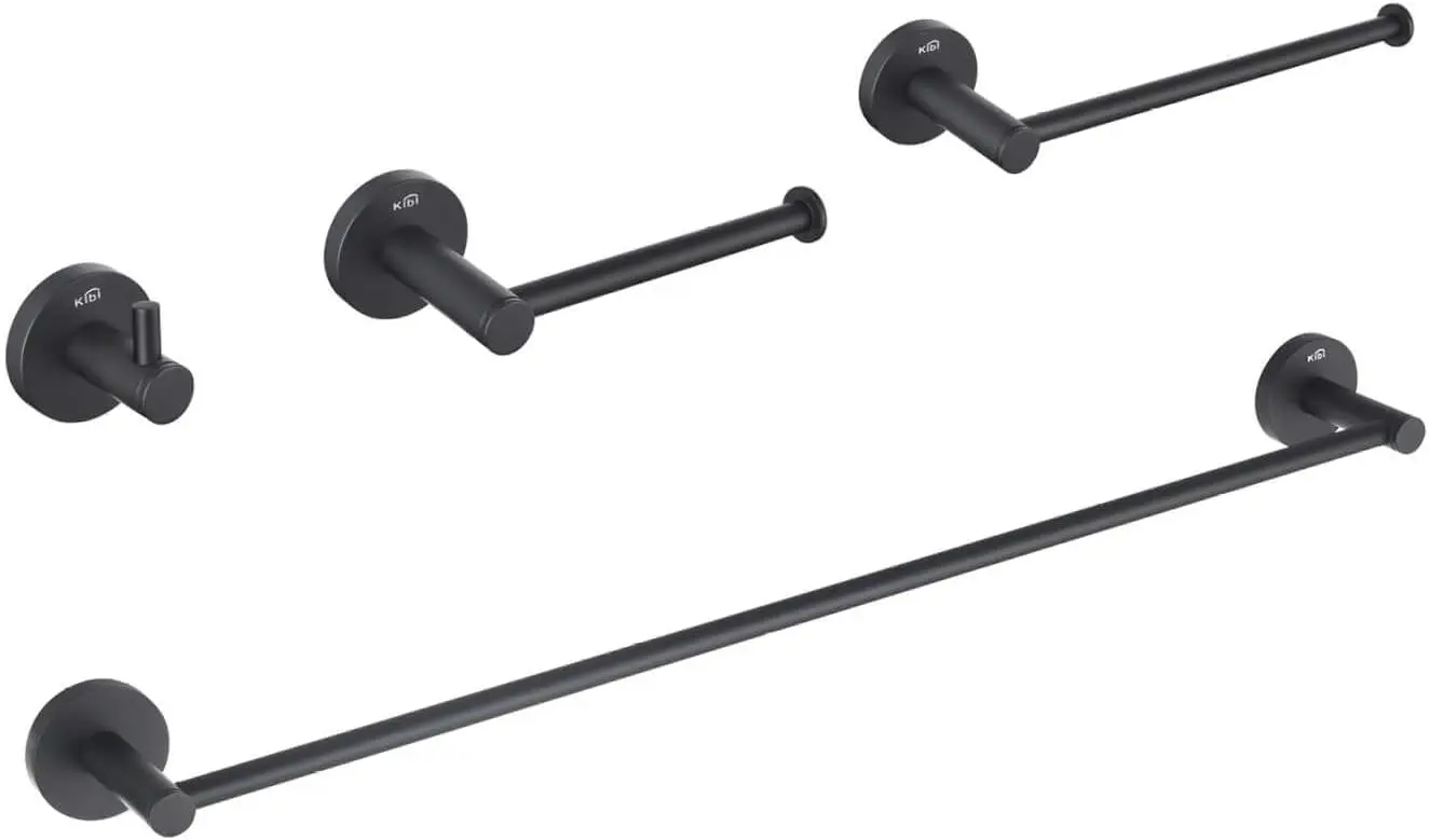 Circular 4-Piece Bathroom Hardware Set in Matte Black | Includes Towel Bar, Towel Ring, Toilet Paper Holder, and Robe Hook