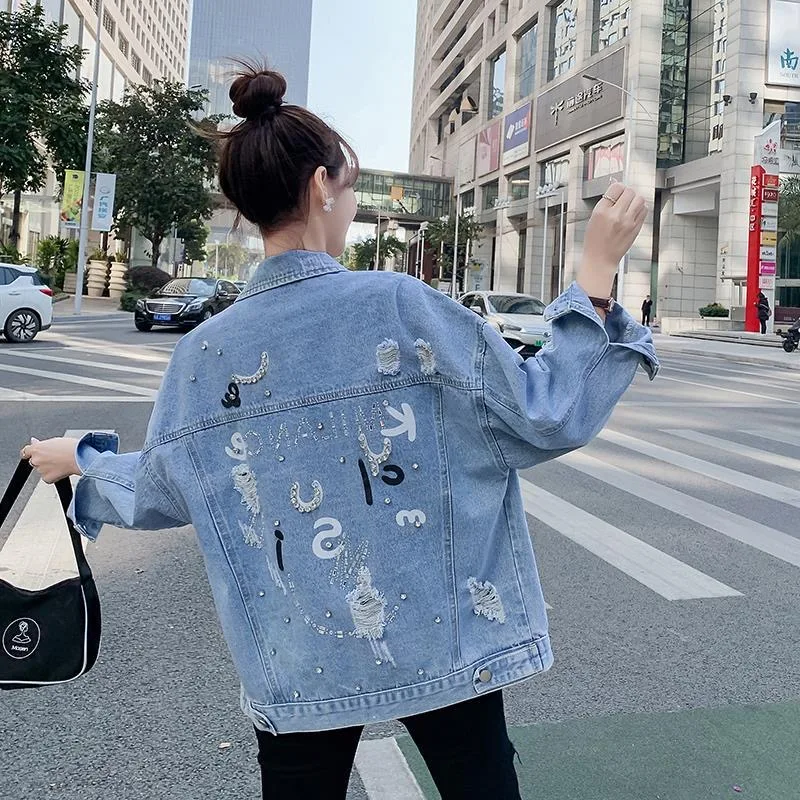 

Retro Trendy Brand Diamond Denim Jacket Women Spring Autumn New Korean Version Loose BF Versatile Popular Jackets for Women Tops