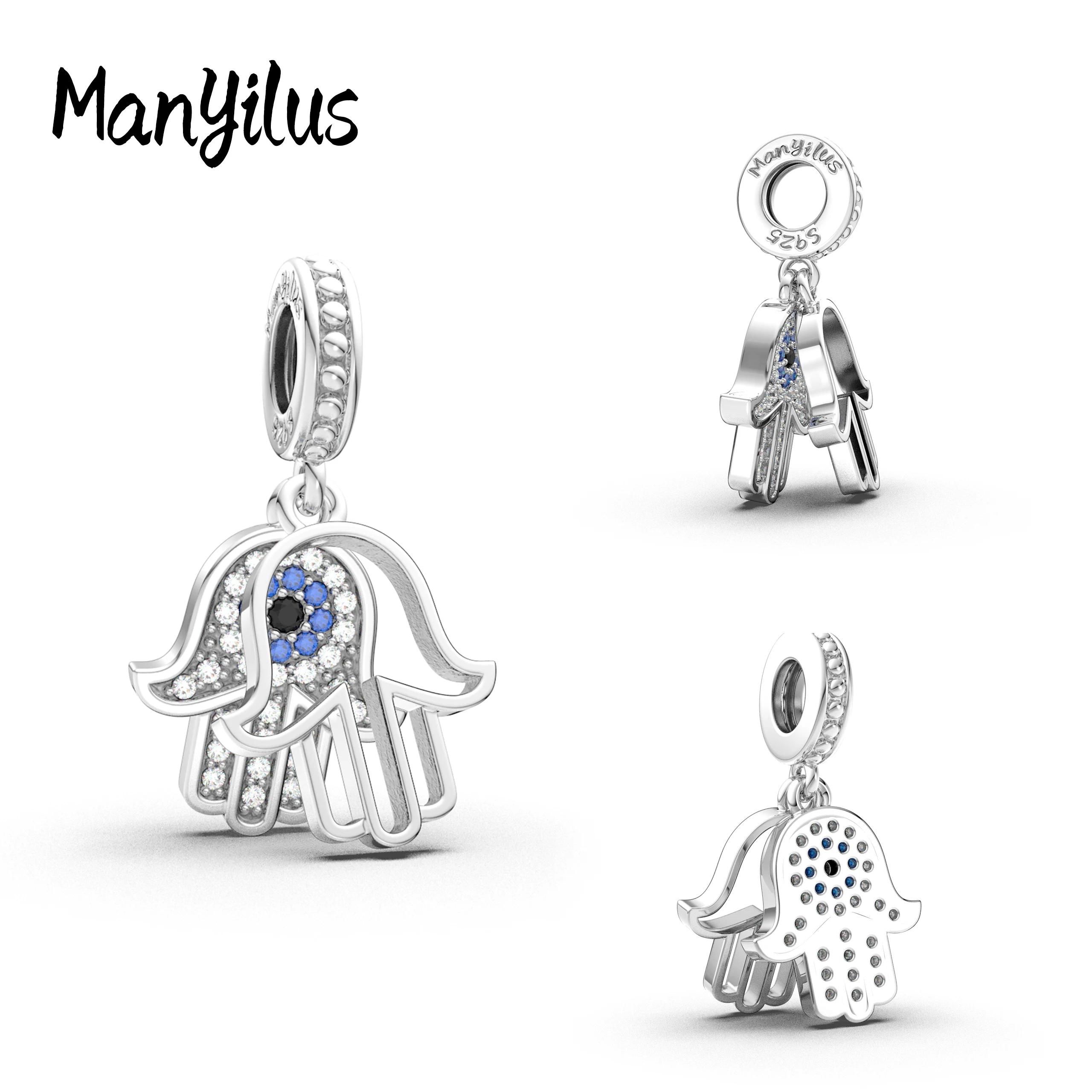 Подвеска-талисман Manyilus из стерлингового серебра 925 пробы с изображением руки Хамса и глаза-оберега от сглаза для оригинальных браслетов и ожерелий. Защитное ювелирное украшение в подарок.