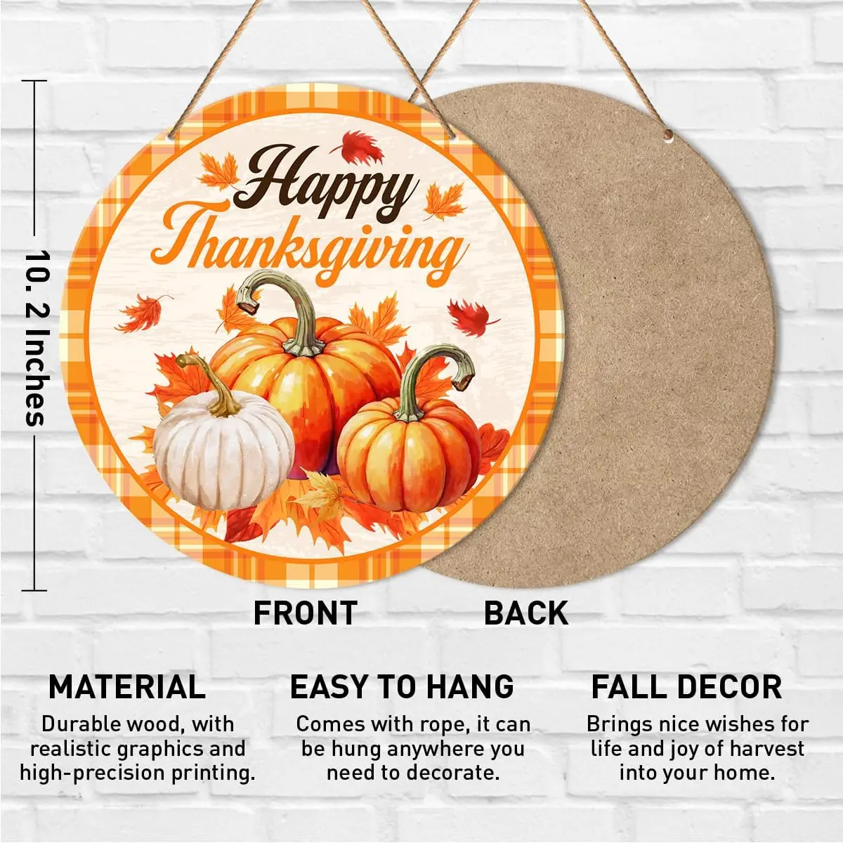 Happy Thanksgiving Sign Front Door Decor, Thankful Round Hanging Sign Decor Pumpkin Wall Wooden Decorations