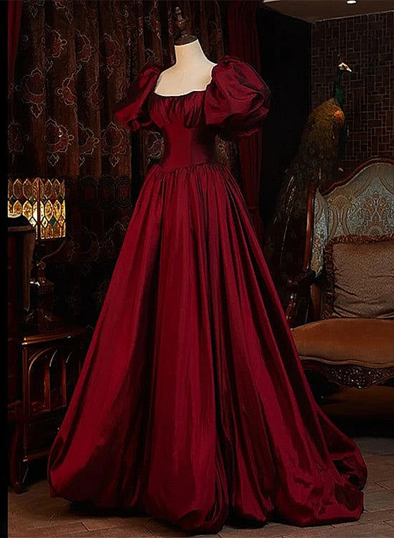 Classic Burgundy Satin Evening Dress A-Line Design with Puffy Sleeves & Floor Length Prom Party Wear Customized