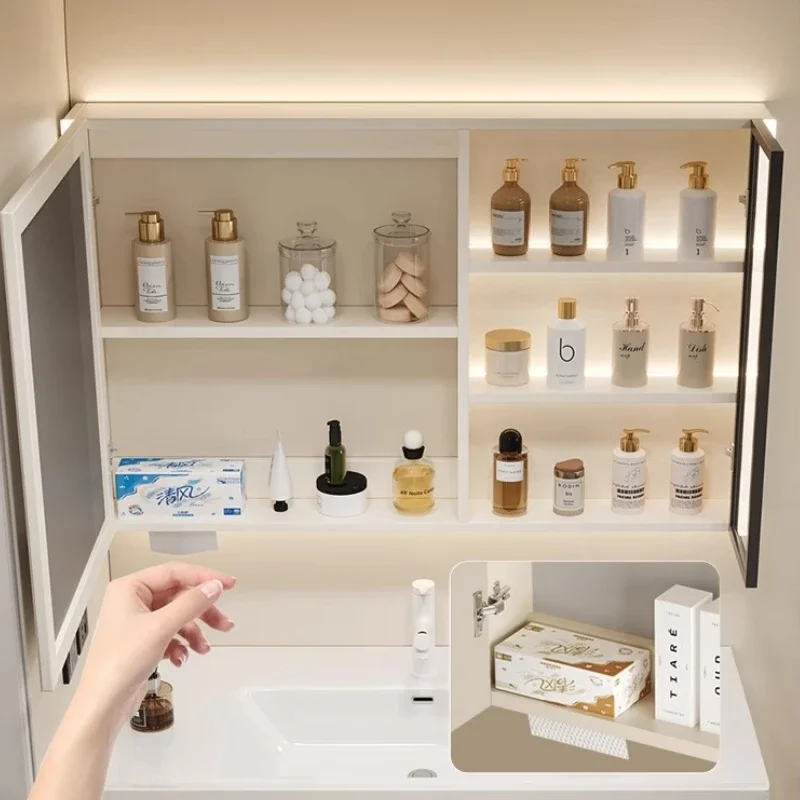 Szafka łazienkowa kremowa ceramiczna z umywalką zintegrowaną, umywalka podłogowa, lustro z motywem kreskówkowym, zestaw do mycia twarzy, meble do łazienki.