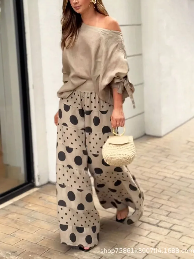 New Casual Set Fashion High Street Outfits Casual Diagonal Neck Hollow Nine-quarter Top Loose Polka Dot Printed Leg Pants Suit