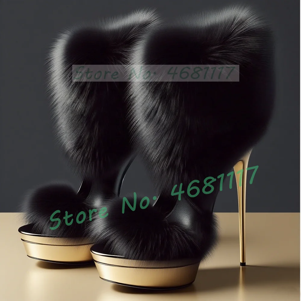 

Black Real Fur Wrapped Platform Stiletto Sandals Women Fashion Cutout Leather High Heel Ladies Sexy Ankle Strap Party Furry Shoe