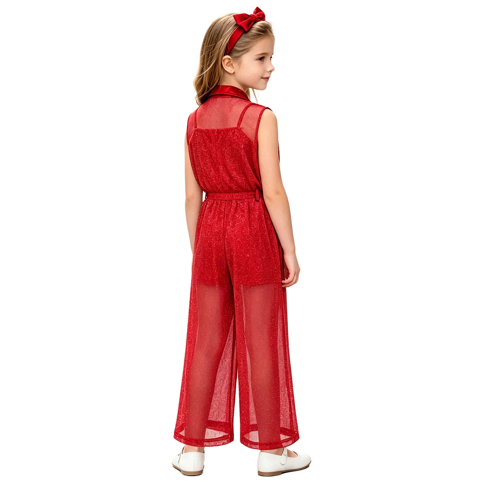 Kids Girls 2 Piece Jazz Dance Outfit Sleeveless Shimmery Mesh Wide Leg Jumpsuit And Metallic Bodysuit for Birthday Pageant Party