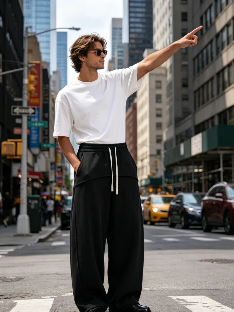 Men Patchwork Baggy Wide Leg Sweatpants Elastic Drawstring Oversized Hip Hop Streetwear Casual Jogger Trousers
