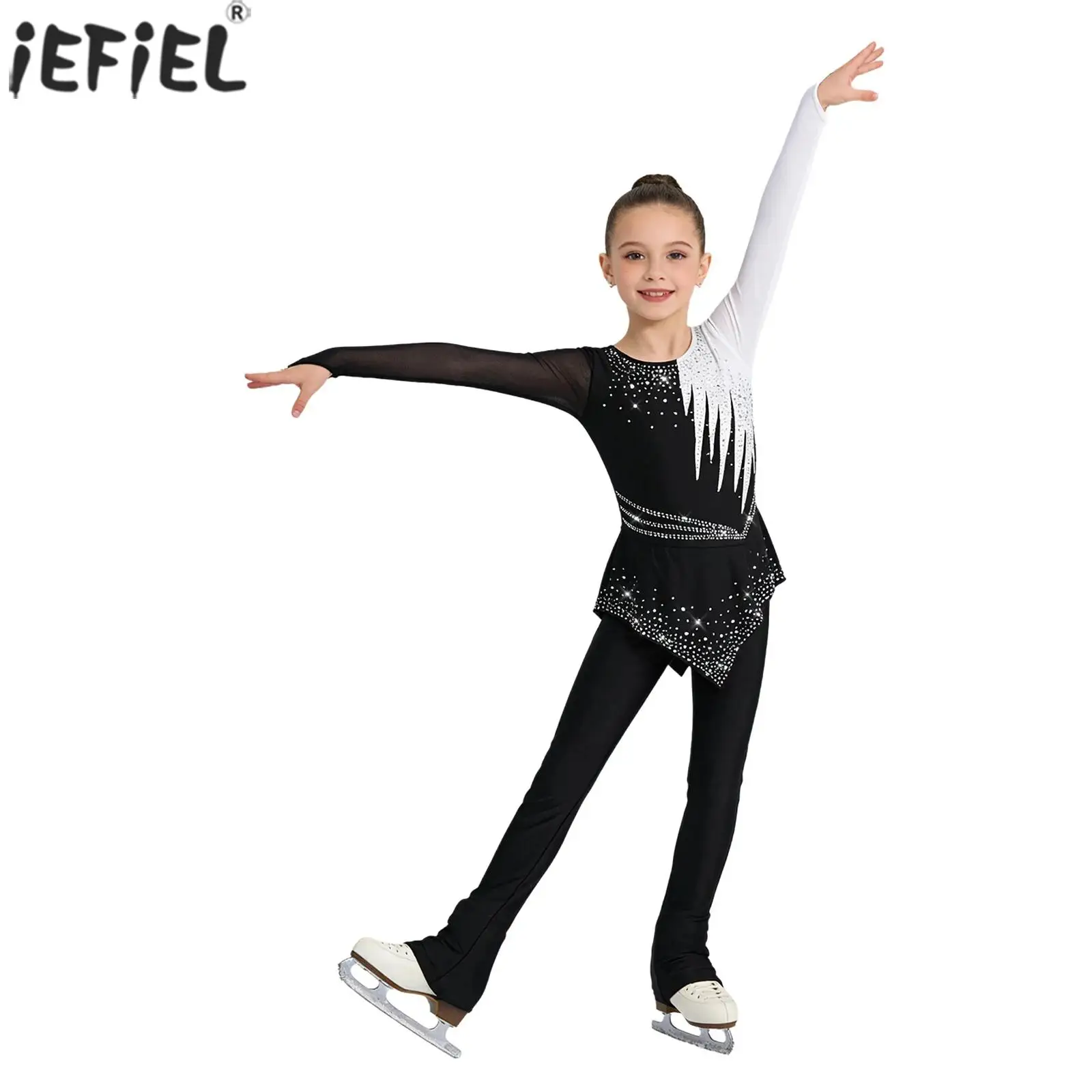 Kids Girls Figure Skating Gymnastic Performance Costume Shiny Rhinestones Ballet Dance Leotard Mesh Long Sleeves Peplum Bodysuit
