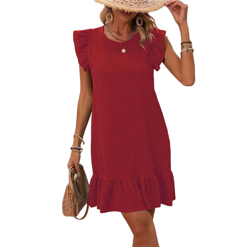 【Decorazione per feste】Vestiti estivi da donna, girocollo, maniche ad aletta, orlo con volant, mini abito grembiule casual