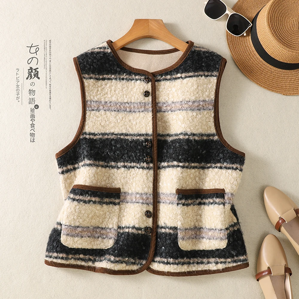 Korean Style Striped Women's Vest Jacket Outerwear Autumn Winter New Model Layering Top Match All Styles Single Button Closure