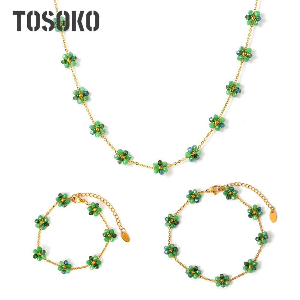 TOSOKO Beaded Necklace Bracelet Anklet Handmade Girl's Small Flower Glass Bead Titanium Steel Chain Jewelry Set P078