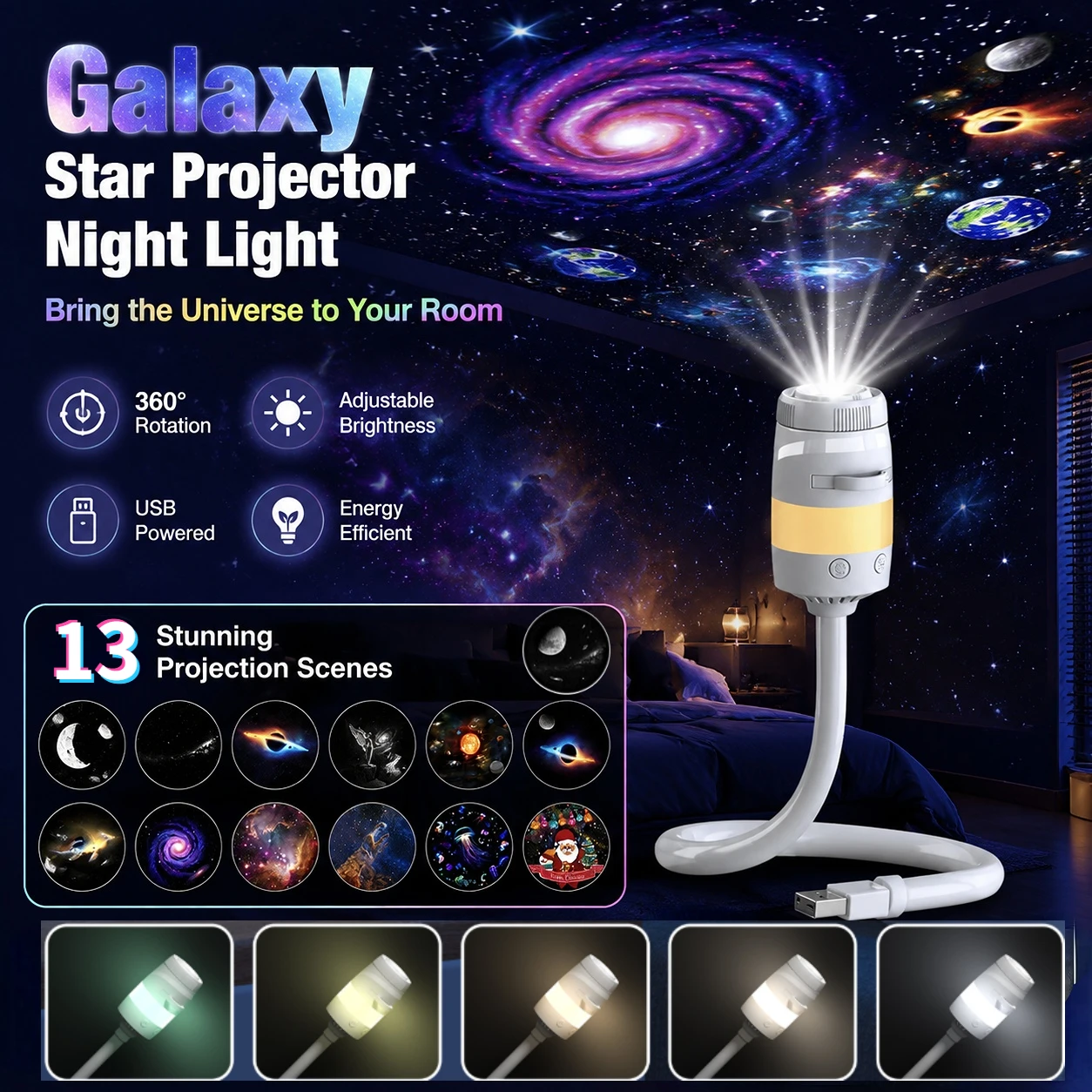 New  Mini USB Galaxy Star Projector Night Light 360° Rotate Multiple Scenes Adjustable LED Starry Sky Ambient Lamp Home Decor
