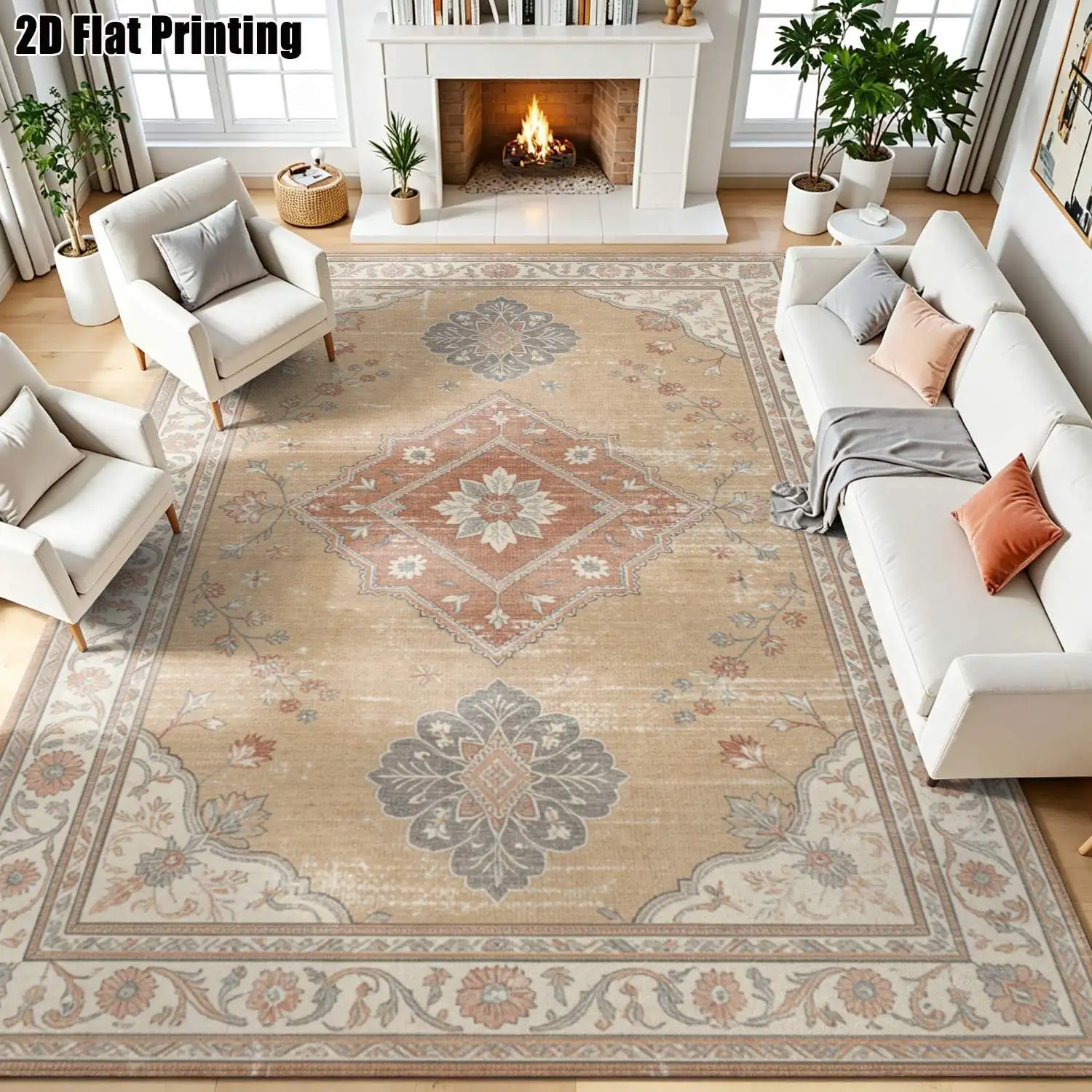 1Pc 2D Printed Carpet: Warm Brown Retro Floral Pattern, European Style, Machine Washable, Multi-Size for Home Decor, Multi-Scene Use