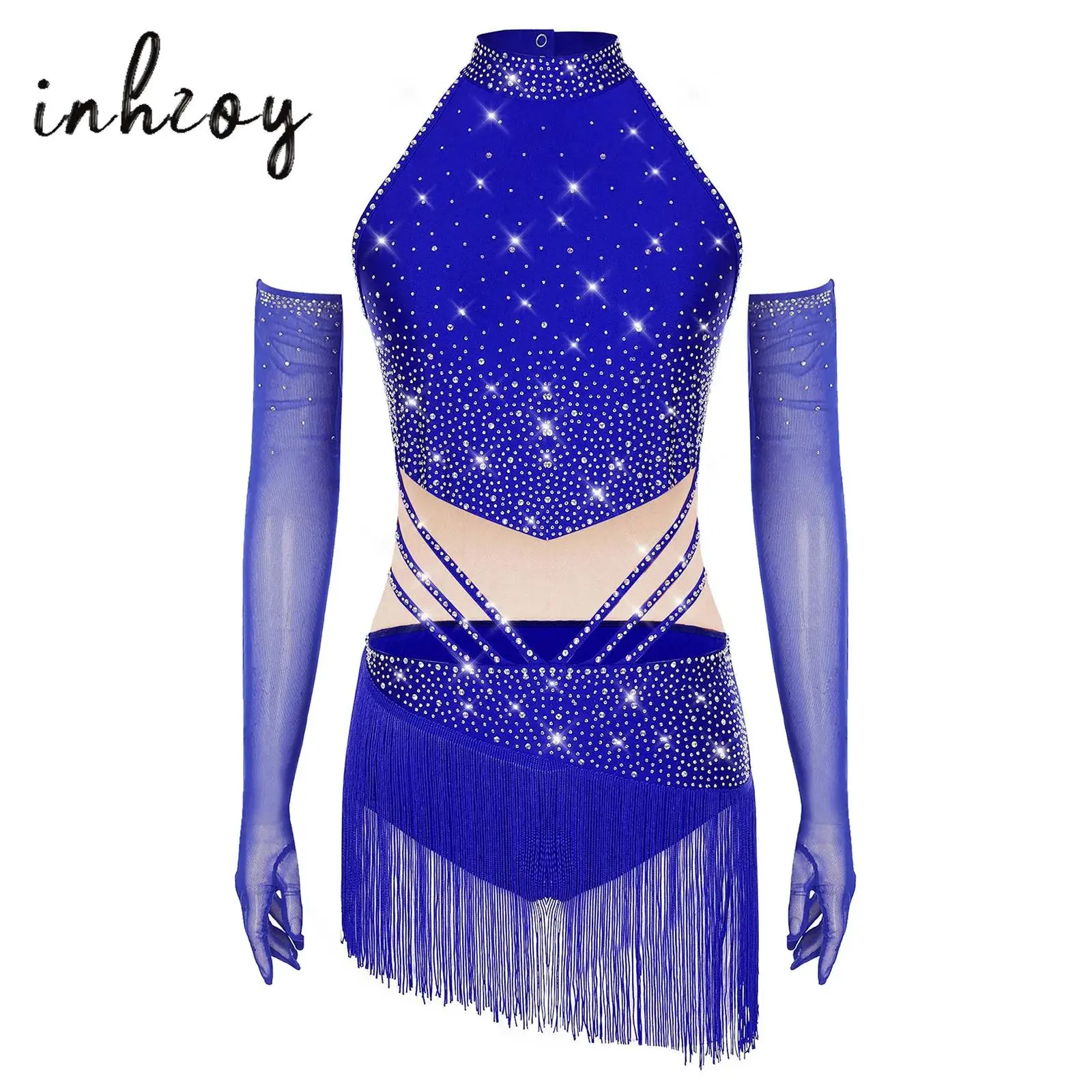 

Womens Latin Figure Skating Dance Leotard Dress Sleeveless Back Hollow Out Tassel Skirted Bodysuit+Mesh Gloves Outfit Dancewear