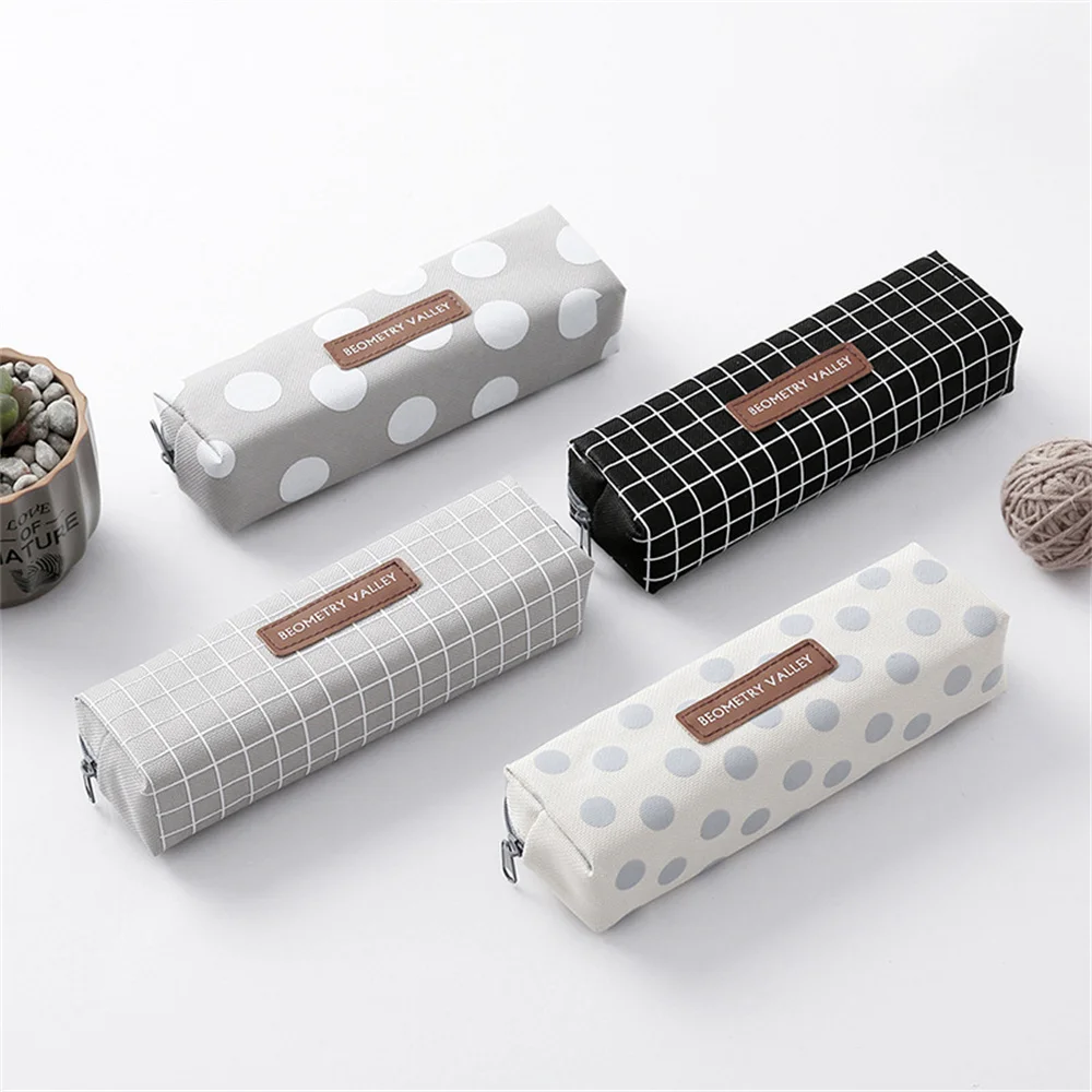 1pc Small Fresh Ins Pencil Bag Plaid Square Canvas Pencil Bag Japanese Stationery Box Stationery Storage Pencil Bag