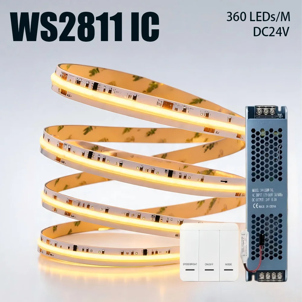 DC24V 5M10M COB LED Strip WS2811 Addressable 360LEDs/m Running Water Flowing Light Kit Full Set With Wireless Controller Power
