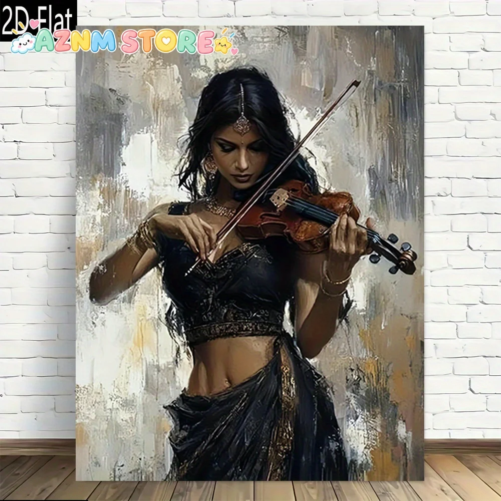 2D Flat 2027  Frameless Canvas Wall Art Poster - Elegant Violinist in Traditional Attire, Modern Vintage Musical Decor for Li